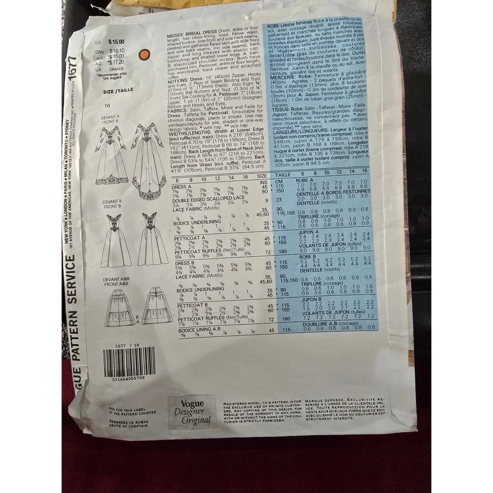 Vogue Patterns‎ 1677 Bridal Original Misses Wedding Dress Evening Gown Size 16